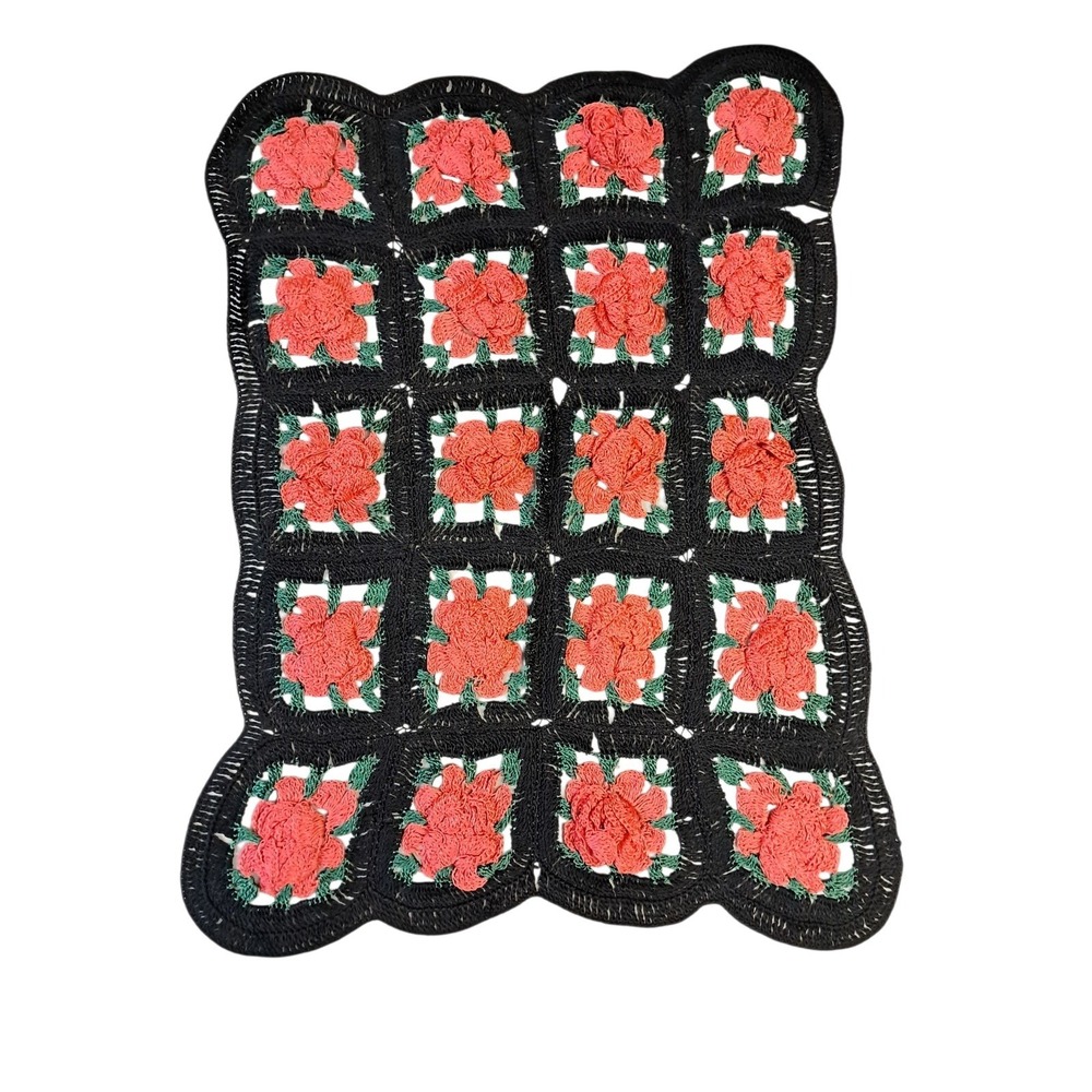 Crochet Small Runner Black With‎ Red Roses